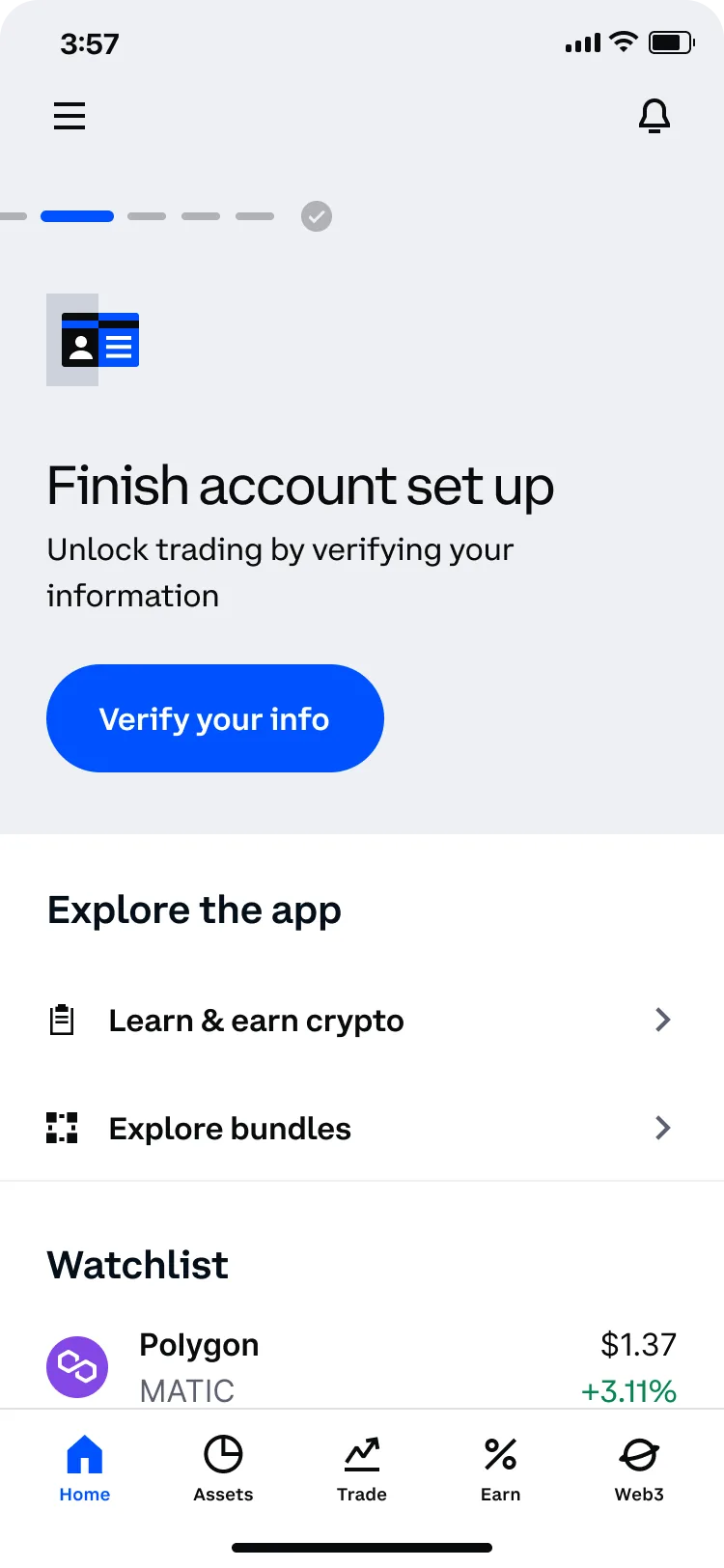 Old home screen asking people to finish account setup and verify their info