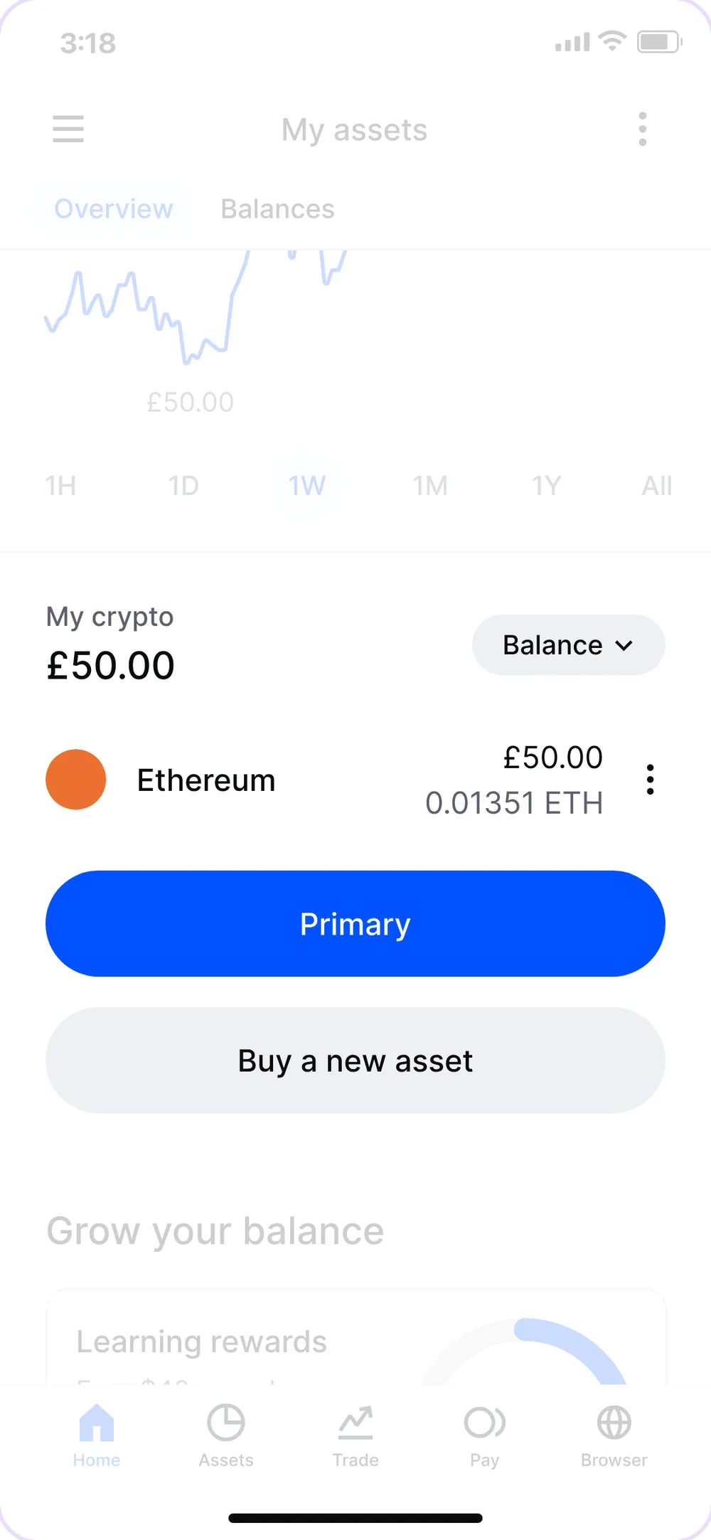 My assets with the balance and primary actions highlighted