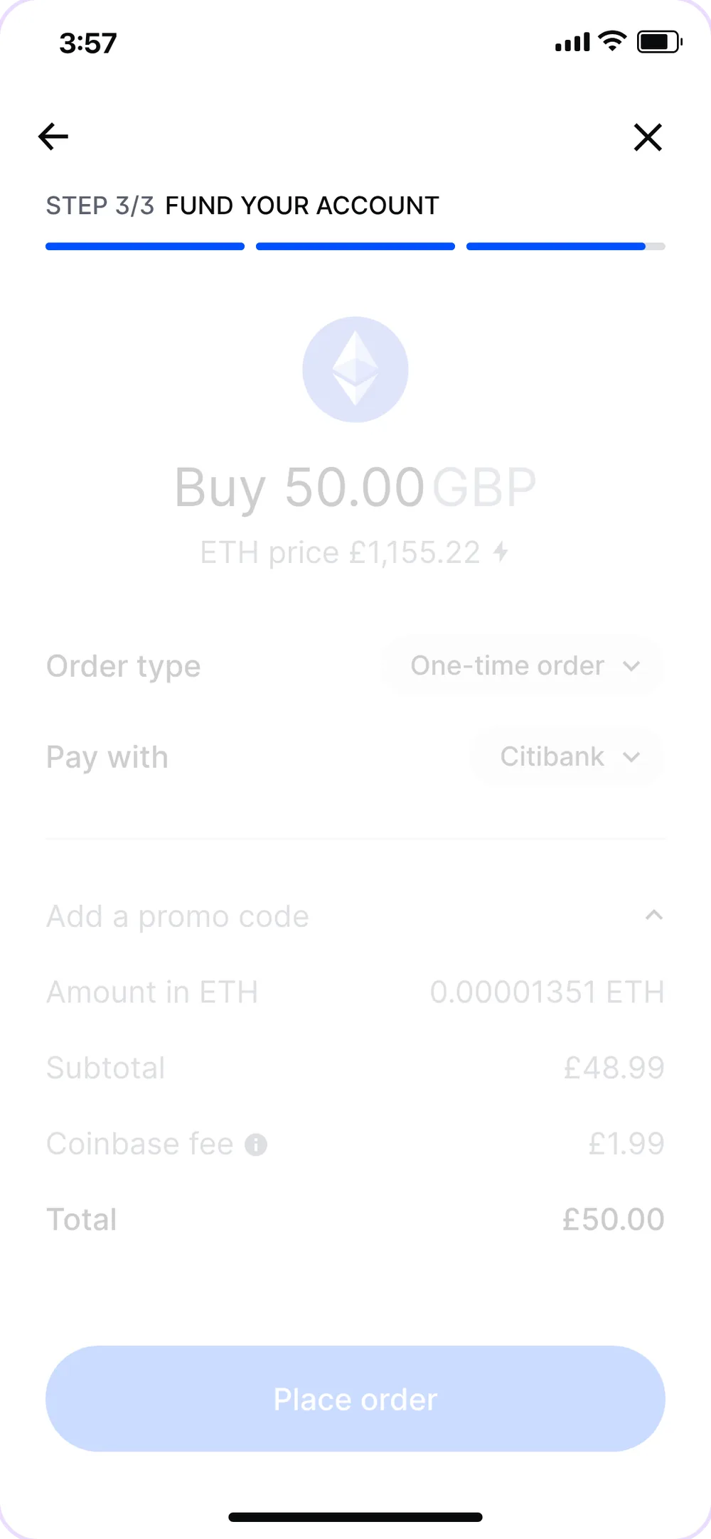 Buy screen with only the Step 3/3 header highlighted