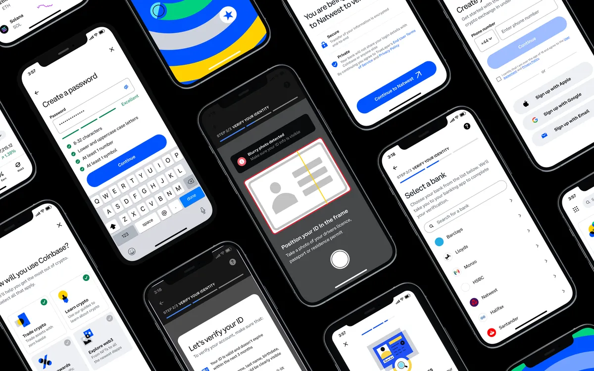 A tilted wall of redesigned onboarding screens: create a password, ID capture, bank selection and sign up