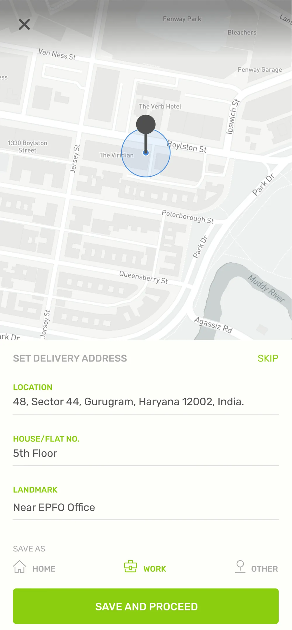 Map pin with location, flat number and landmark fields