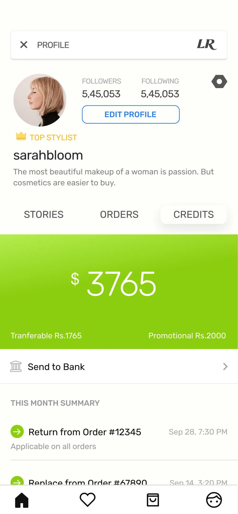 Profile credits tab showing a balance and send to bank