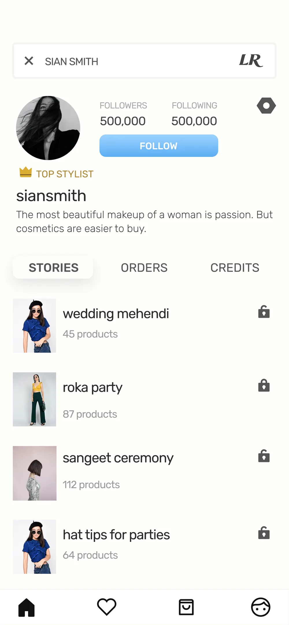 A LimeRoad profile showing a top stylist and her stories, like wedding mehendi and roka party