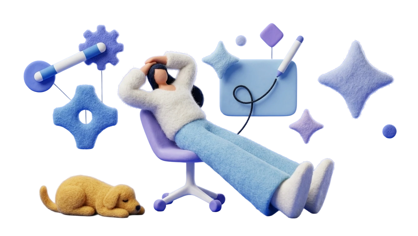 A person leans back in a desk chair beside a sleeping dog while agent tasks float around them