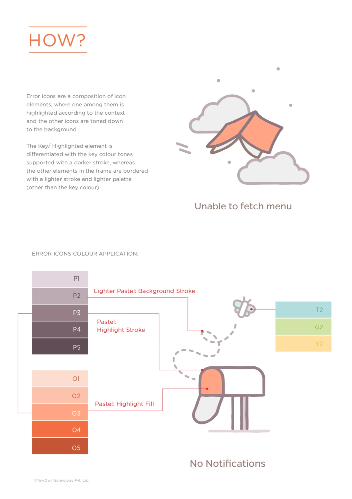 Illustration guidelines: error icons built from a highlight stroke and a palette of warm tones
