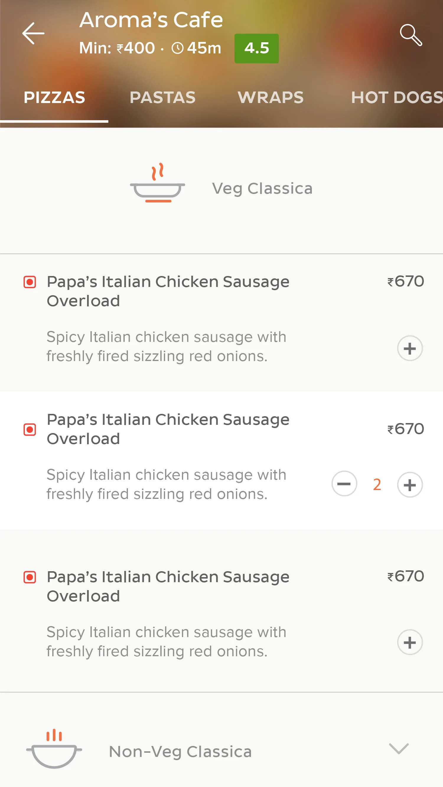 Expanded menu items with descriptions, quantity steppers and a checkout bar