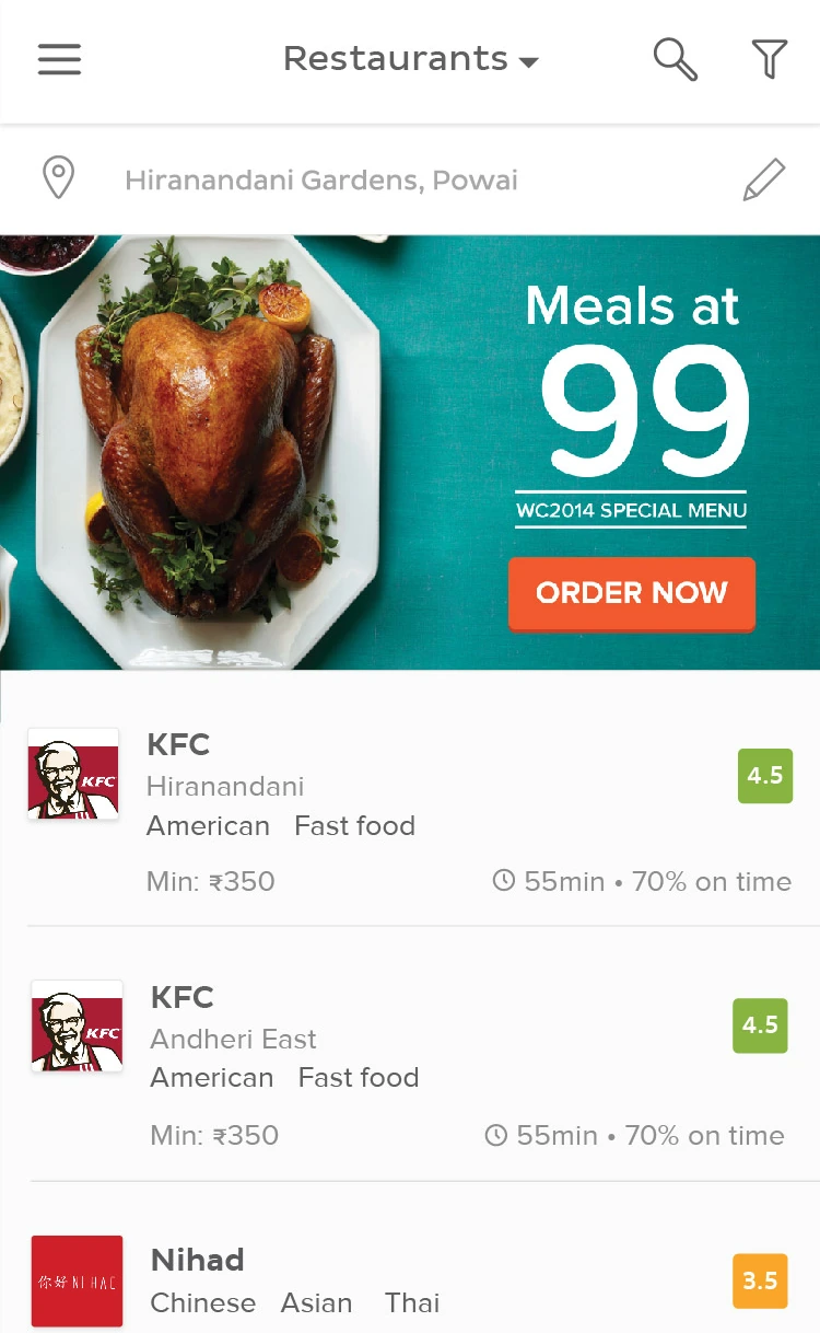 Restaurants near Hiranandani Gardens, Powai, each with delivery time and on-time rate
