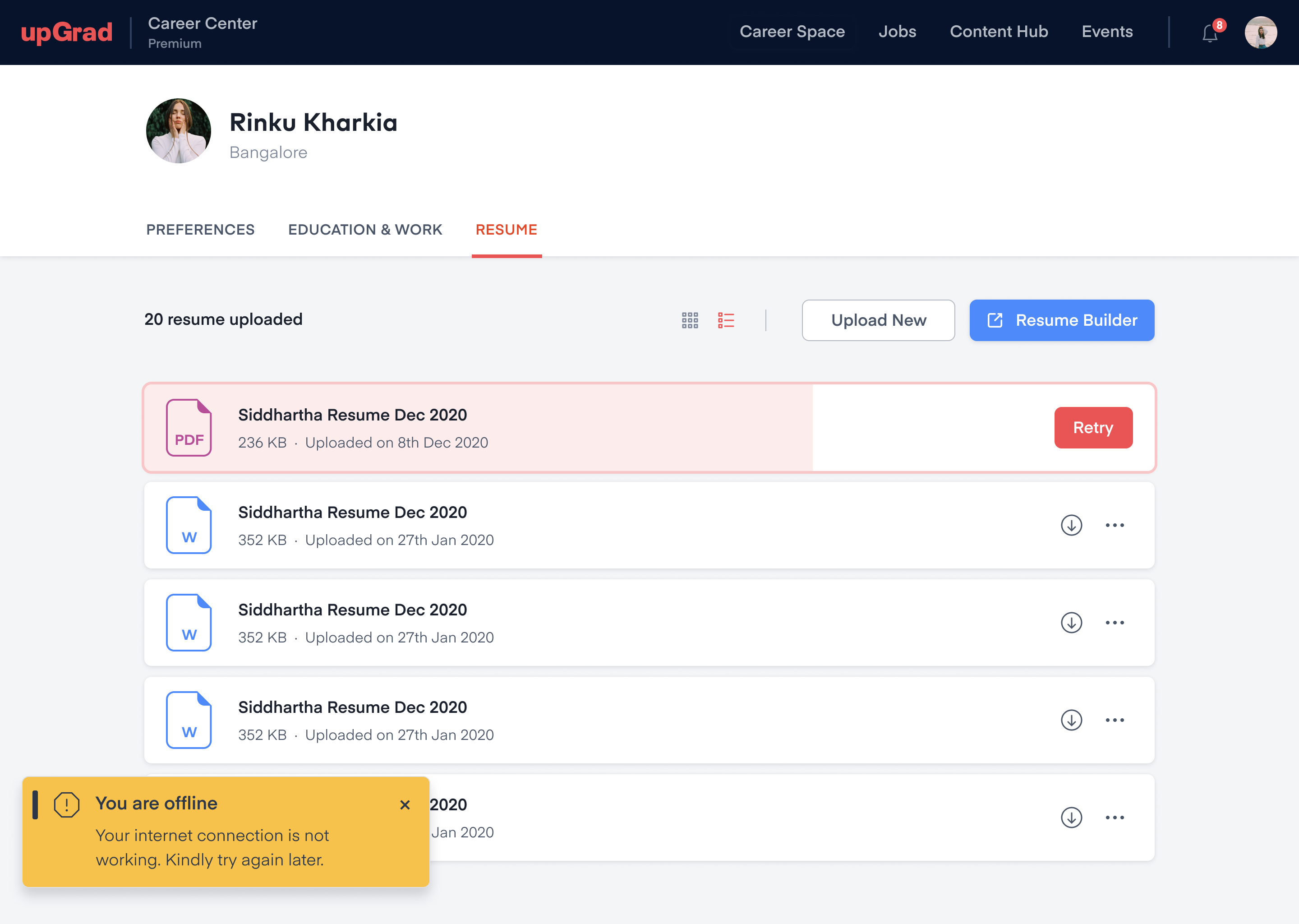 Resume library in list view with an offline warning